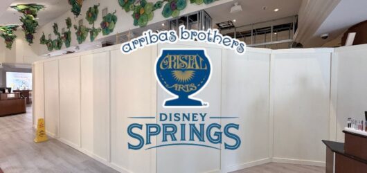 White temporary construction walls inside a Disney Springs retail store with an overlaid Arribas Brothers Cristal Arts logo.