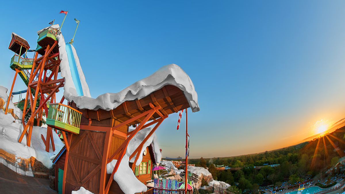 Mount Gushmore at Disney's Blizzard Beach against a bright blue sky