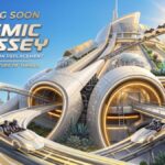 A realistic promotional poster for a new Tomorrowland roller coaster called Cosmic Odyssey. The image features a bright, retro-futuristic white building with solar panels, lush greenery, and gold lighting under a bright blue sky. White and gold rocket-pod coaster trains with riders in helmets twist along tracks curving out of the main structure.