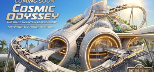A realistic promotional poster for a new Tomorrowland roller coaster called Cosmic Odyssey. The image features a bright, retro-futuristic white building with solar panels, lush greenery, and gold lighting under a bright blue sky. White and gold rocket-pod coaster trains with riders in helmets twist along tracks curving out of the main structure.