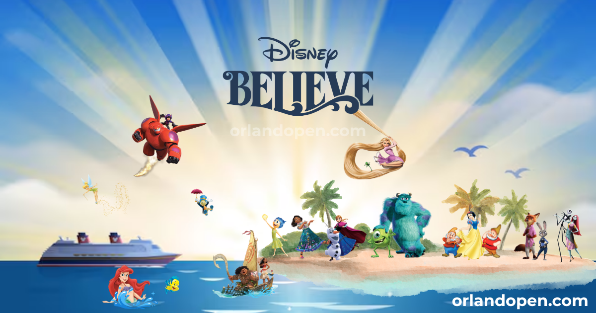 Concept artwork and promotional design elements for the upcoming Disney Believe cruise ship