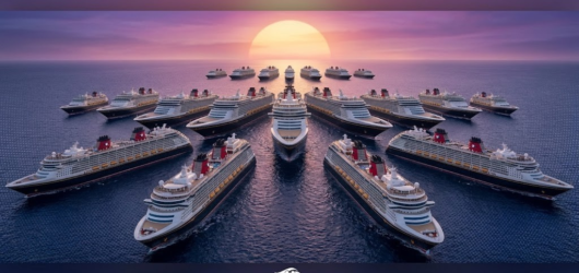 A panoramic aerial view of the entire Disney Cruise Line fleet sailing in a formation toward a sunset on the horizon.