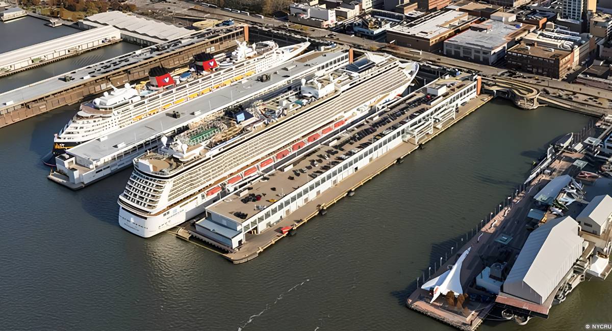 Disney Cruise Line vessel docked at the Manhattan Cruise Terminal