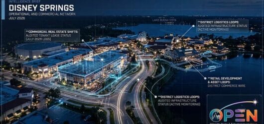 Nighttime aerial view of Disney Springs with digital overlays tracking commercial real estate and district logistics.