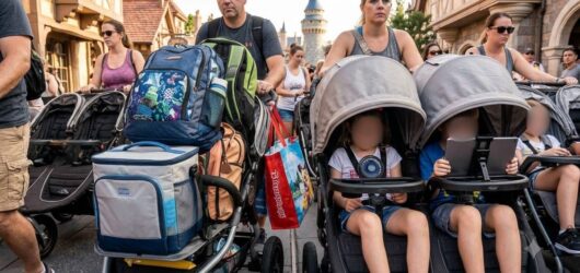 Parents pushing massive double strollers overloaded with heavy backpacks, diaper bags, coolers, and souvenir bags down a crowded path in Fantasyland at Disney World.