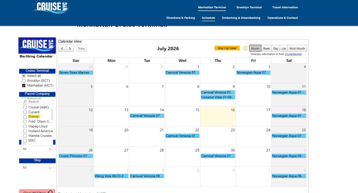 Screenshot of the Manhattan Cruise Terminal schedule website showing Disney Cruise Line added as a parent company filter