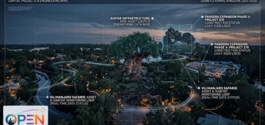 Data visualization overlay on Disney's Animal Kingdom park featuring Pandora expansion construction logs.