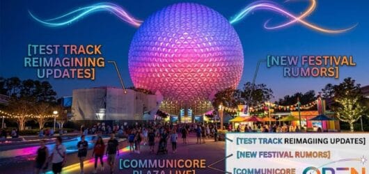 Epcot 2 Nighttime view of EPCOT Spaceship Earth with data overlays for Test Track and Communicore Plaza.