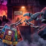 Gloved hands using pliers to snap a metal chain holding Halloween Horror Nights Frequent Fear Express passes, with shocked fans in the background.