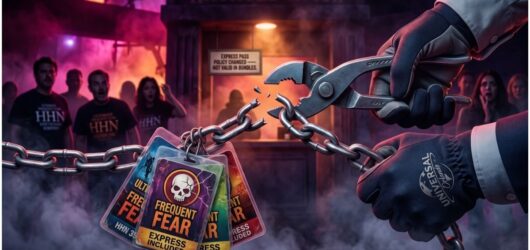 Gloved hands using pliers to snap a metal chain holding Halloween Horror Nights Frequent Fear Express passes, with shocked fans in the background.