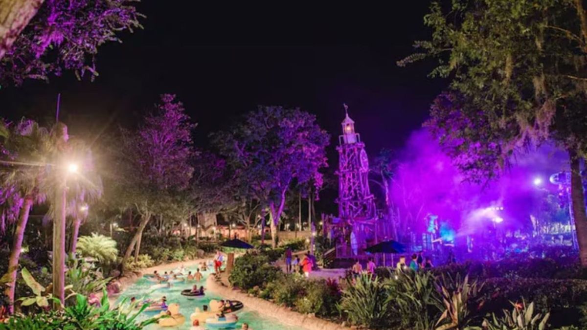 Neon lighting illuminating Disney's Typhoon Lagoon during the H2O Glow After Hours event