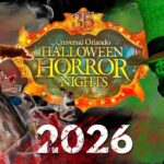 Promotional artwork for Universal Orlando's 35th annual Halloween Horror Nights in 2026, featuring iconic horror characters Jack the Clown and the Caretaker.