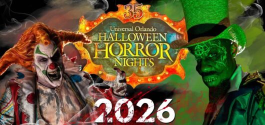 Promotional artwork for Universal Orlando's 35th annual Halloween Horror Nights in 2026, featuring iconic horror characters Jack the Clown and the Caretaker.