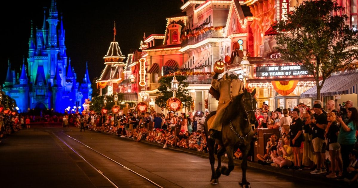 The Headless Horseman riding through Liberty Square ahead of Mickey's Boo-To-You Halloween Parade at Magic Kingdom