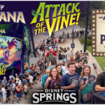 A massive crowd of fans lined up at Disney Springs for the Disney Lorcana Attack of the Vine trading card release, featuring the game's packaging and artist Mike Parker signing autographs for attendees.