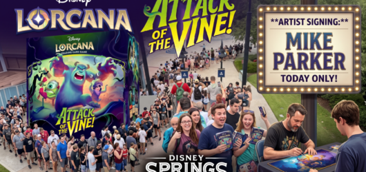 A massive crowd of fans lined up at Disney Springs for the Disney Lorcana Attack of the Vine trading card release, featuring the game's packaging and artist Mike Parker signing autographs for attendees.