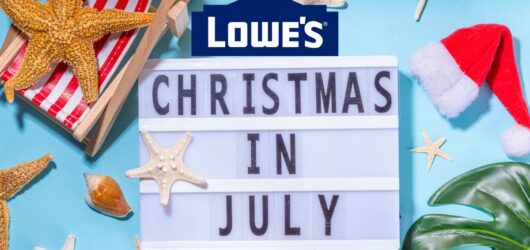 Lowe's Christmas in July promotion with lightbox sign, Santa hat, and starfish on blue beach-themed background