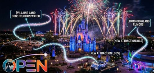 Fireworks over Magic Kingdom with digital overlays for Villains Land and Tomorrowland infrastructure.