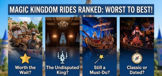 A graphic header with the text "MAGIC KINGDOM RIDES RANKED: WORST TO BEST!" is at the top of a blue background panel. Behind it is a blurred photograph of Cinderella Castle under a blue sky. Below the main header are four distinct, vertical columns with ride photos. From left to right: The first column has a photo of a Big Thunder Mountain mine train full of people on an outdoor track, a gold star icon below, and the text "Worth the Wait?". The second column has a photo of an opulent ballroom interior, possibly from inside Beauty and the Beast's castle, with red drapery and chandeliers. Below the photo is a cartoon ghost icon holding three candles with a spooky face, and the text "The Undisputed King?". The third column has a photo of a Peter Pan's Flight pirate ship ride vehicle with a figure at the helm, moving over a dark sea at night. Below the photo is a gold magic wand icon with stars, and the text "Still a Must-Do?". The fourth column has a photo of a Pirates of the Caribbean boat with several passengers, moving past a scene with the animatronic character Redd the Pirate in red and white clothing. Below the photo is a gold compass icon, and the text "Classic or Dated?".