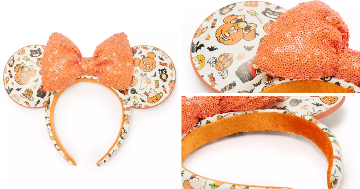 Mickey and Minnie Mouse Halloween Ear Headband with embroidered pumpkin details