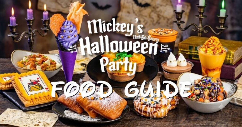 A vibrant, richly saturated commercial photograph, sized 1200x630 pixels, showcasing a festive and appetizing smorgasbord of various specialty food and beverage items seen in the other images (e.g., Mickey Pumpkin Cheesecake, Ursula Wild Berry Cone, Beignets from Beyond, Cajun Crawfish BOOtine, Candy Bowl Sundae, Joffrey’s Cauldron Cold Brew, etc.) arranged on a rustic wood surface. Spooky atmosphere with candelabras and ghost motifs in a soft-focus background. No text is visible.