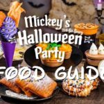 A vibrant, richly saturated commercial photograph, sized 1200x630 pixels, showcasing a festive and appetizing smorgasbord of various specialty food and beverage items seen in the other images (e.g., Mickey Pumpkin Cheesecake, Ursula Wild Berry Cone, Beignets from Beyond, Cajun Crawfish BOOtine, Candy Bowl Sundae, Joffrey’s Cauldron Cold Brew, etc.) arranged on a rustic wood surface. Spooky atmosphere with candelabras and ghost motifs in a soft-focus background. No text is visible.