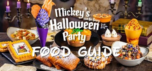 A vibrant, richly saturated commercial photograph, sized 1200x630 pixels, showcasing a festive and appetizing smorgasbord of various specialty food and beverage items seen in the other images (e.g., Mickey Pumpkin Cheesecake, Ursula Wild Berry Cone, Beignets from Beyond, Cajun Crawfish BOOtine, Candy Bowl Sundae, Joffrey’s Cauldron Cold Brew, etc.) arranged on a rustic wood surface. Spooky atmosphere with candelabras and ghost motifs in a soft-focus background. No text is visible.