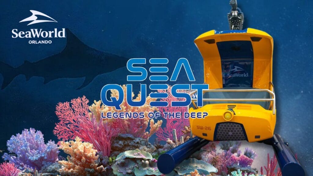 Promotional graphic poster for SEAQuest: Legends of the Deep at SeaWorld Orlando, featuring the ride logo, the yellow submersible vehicle, coral reef elements, and a shark silhouette.