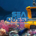Promotional graphic poster for SEAQuest: Legends of the Deep at SeaWorld Orlando, featuring the ride logo, the yellow submersible vehicle, coral reef elements, and a shark silhouette.