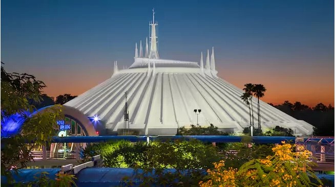 Space Mountain classic white dome building exterior in Tomorrowland at Magic Kingdom