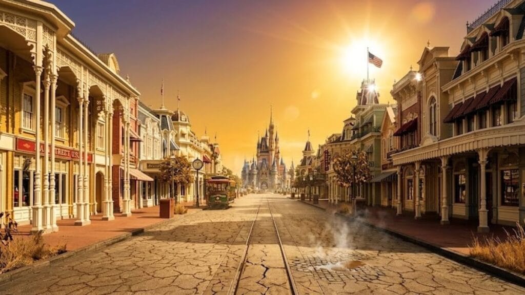 A stylized, deserted Main Street, U.S.A. at Magic Kingdom under a blazing, golden sun, featuring cracked pavement to illustrate extreme heat.