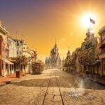 A stylized, deserted Main Street, U.S.A. at Magic Kingdom under a blazing, golden sun, featuring cracked pavement to illustrate extreme heat.