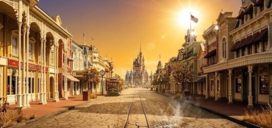 A stylized, deserted Main Street, U.S.A. at Magic Kingdom under a blazing, golden sun, featuring cracked pavement to illustrate extreme heat.