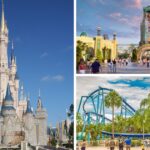 Collage of Cinderella Castle at Magic Kingdom, the Epic Universe entrance, and the SeaWorld Orlando sign representing Orlando's three theme park giants