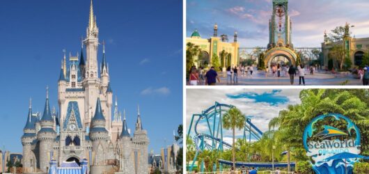 Collage of Cinderella Castle at Magic Kingdom, the Epic Universe entrance, and the SeaWorld Orlando sign representing Orlando's three theme park giants