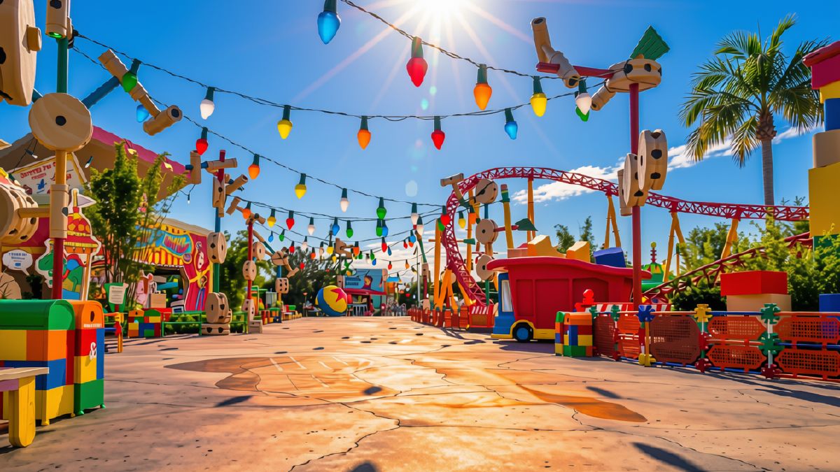 Harsh direct sunlight over the unshaded roller coaster track in Toy Story Land