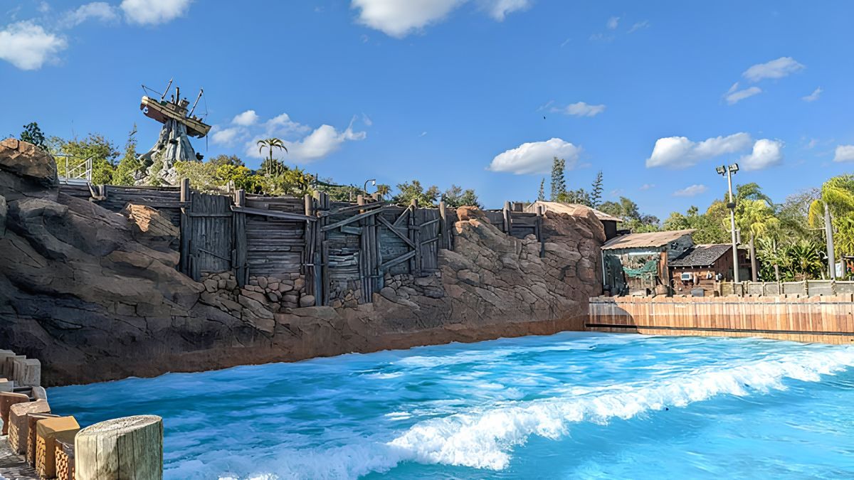 A wide view of the pristine surf pool at Disney's Typhoon Lagoon