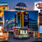 A collage of various attractions, dining, and landmarks found at Universal CityWalk Orlando, including the iconic Universal globe, Fat One’s, Five Guys, and the Universal Legacy Store.