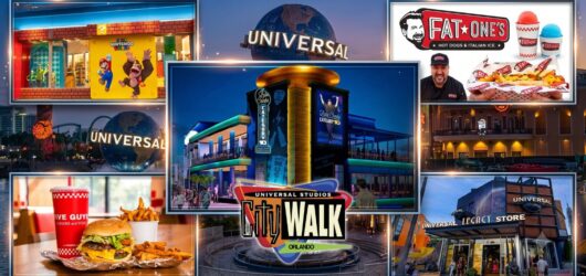 A collage of various attractions, dining, and landmarks found at Universal CityWalk Orlando, including the iconic Universal globe, Fat One’s, Five Guys, and the Universal Legacy Store.