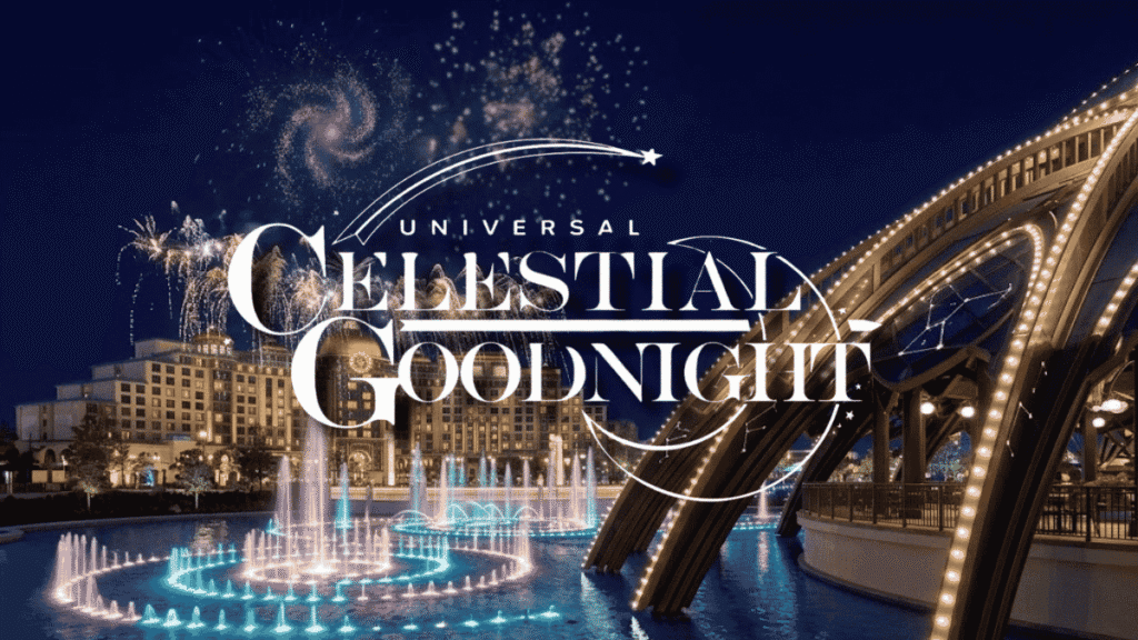 Nighttime spectacular show Universal Celestial Goodnight with fireworks and water fountains in Celestial Park at Universal Epic Universe.