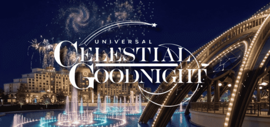 Nighttime spectacular show Universal Celestial Goodnight with fireworks and water fountains in Celestial Park at Universal Epic Universe.