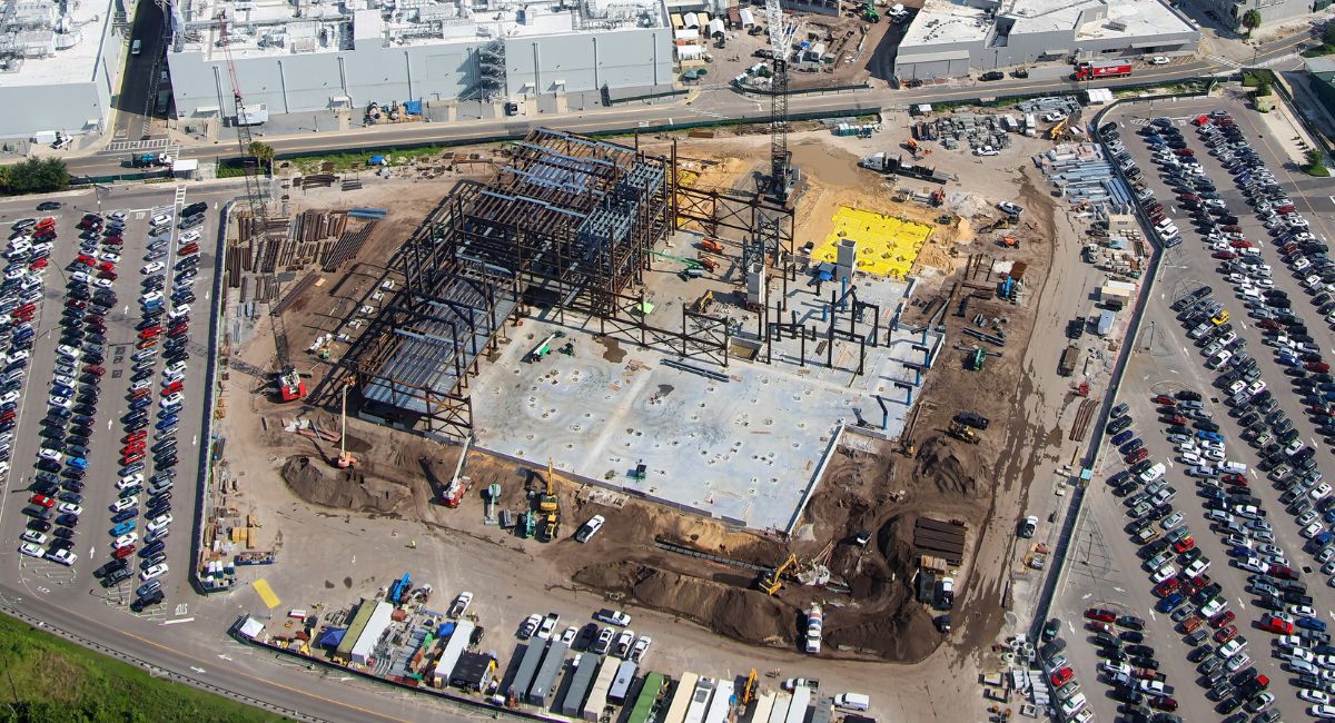 Aerial view of the Monsters Inc Door Coaster foundation and steel track installation