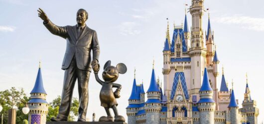 Magic Kingdom 5 Partners statue of Walt Disney and Mickey Mouse in front of Cinderella Castle at Walt Disney World's Magic Kingdom