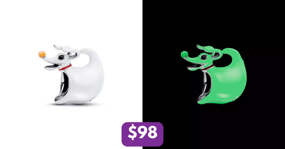 Zero Glow-in-the-Dark Charm by Pandora featuring a white ghost dog with an orange pumpkin nose