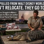 An illustrative graphic showing a wildlife trapper securing a captured alligator on a trailer, with packaged alligator meat and leather hides on a nearby table. The background features Walt Disney World landmarks including Cinderella Castle, the monorail, and the Grand Floridian Resort. Overlay text states that 414 gators have been removed since 2016 and sent to market.