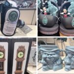 A collage of four Disney Halloween merchandise items: a Haunted Mansion water bottle and carrier, Mickey and Ezra Doom Buggy figures, Haunted Mansion grandfather clocks, and Hitchhiking Ghost sculpted mugs.