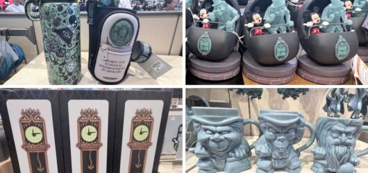 A collage of four Disney Halloween merchandise items: a Haunted Mansion water bottle and carrier, Mickey and Ezra Doom Buggy figures, Haunted Mansion grandfather clocks, and Hitchhiking Ghost sculpted mugs.