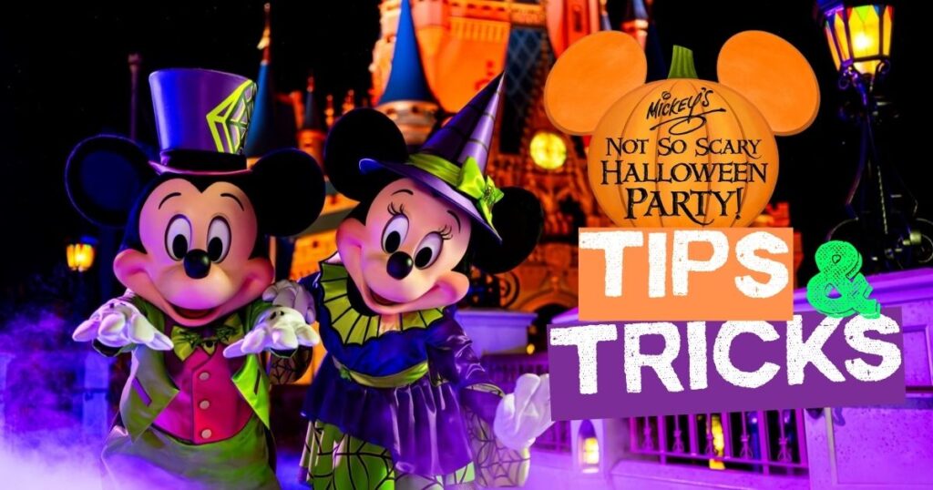Mickey and Minnie Mouse in purple and green Halloween costumes next to a text graphic reading Mickey's Not-So-Scary Halloween Party Tips & Tricks.