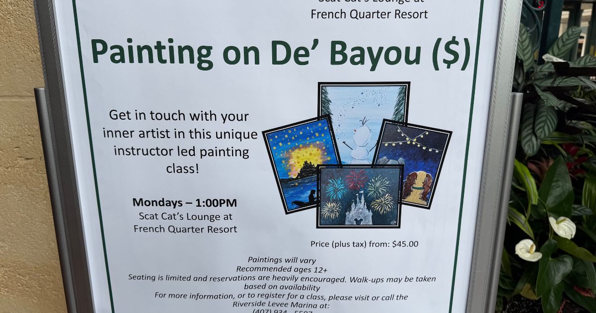 Welcome sign detailing the Painting on de Bayou class at Scat Cat's Club Lounge