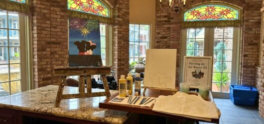 Setup for the Painting on De' Bayou art class with easels, paint, and canvas at Scat Cat's Lounge.
